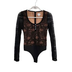 Cami NYC Bodysuit Womens XS Black Elliana Henley Floral-Lace Blouse Longsleeve‎